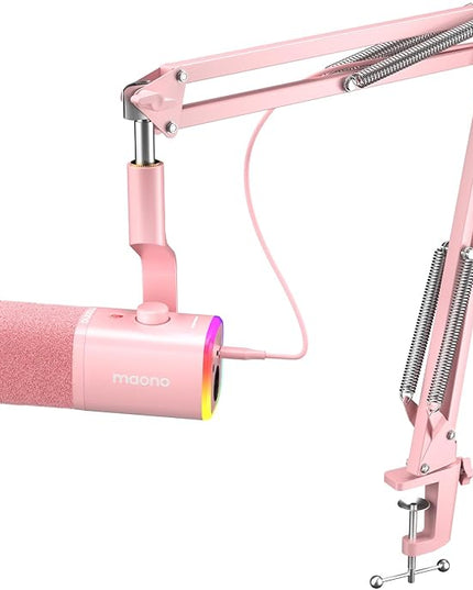 MAONO XLR/USB Gaming Microphone Kit: Dynamic PC Mic for Streaming Podcasting, Software Support, Mute Button, Gain Control, RGB Computer Mic with Boom Arm Stand, for Recording, PS4/PS5, PD100XS Pink