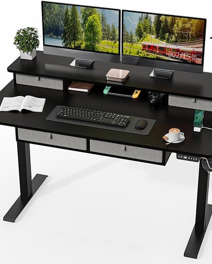 Kingant Standing Desk with Drawers & USB Charging Port, 55" x 30" Height Adjustable Home Office & Gaming Desk, Sit Stand Desk with Built-in Storage Shelf, Hook & Ergonomic Design(Classic Black)