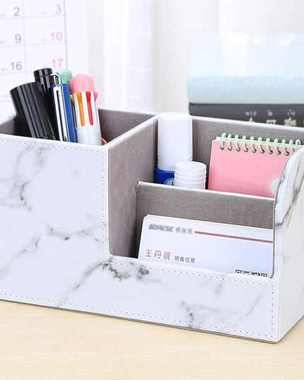 KINGFOM Desk Organizer Office Supplies Caddy Pu Leather Multi-function Storage Box Pen/Pencil,Cell phone, Business Name Cards Remote Control Holder Gray Marble