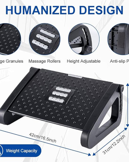 Foot Rest for Under Desk at Work - Six Heights Adjustable Under Desk Footrest - Ergonomic Foot Stools for Under Office Desks - Desks Foot Rest with Massage Rollers - Leg Rest for Chair (Black)