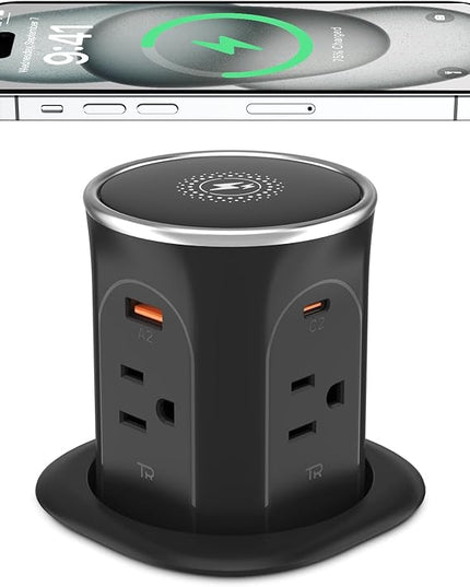 Pop Up Countertop Outlet with 15W Wireless Charger, PD20W USB & 15A Tamper Resistant, 3.15in Hole Surface Mount Electrical Receptacle with 4 (TR) Outlets & 4 USB for Desktop