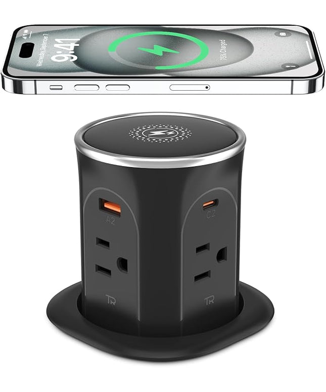 Pop Up Countertop Outlet with 15W Wireless Charger, PD20W USB & 15A Tamper Resistant, 3.15in Hole Surface Mount Electrical Receptacle with 4 (TR) Outlets & 4 USB for Desktop