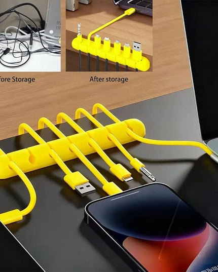 Cable Holder Clips，5 Packs Yellow Cable Management Cord Organizer Clips Silicone Self Adhesive for Desktop USB Charging Cable Nightstand Power Cord Mouse Cable Wire PC Office Home(7-5-3-2-1 Slots)