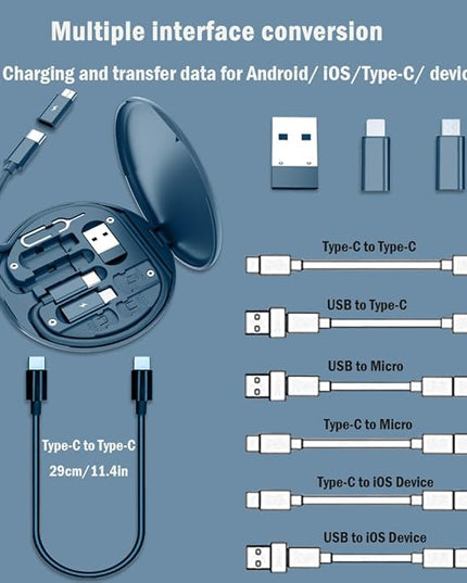 USB C Adapter Kit, Multi Charging Cable Case Convertor USB C to iOS Device Type C Micro Adapter Data Transfer Contains Card Slot for Traveling, Use as Phone Holder(Midnight Blue)
