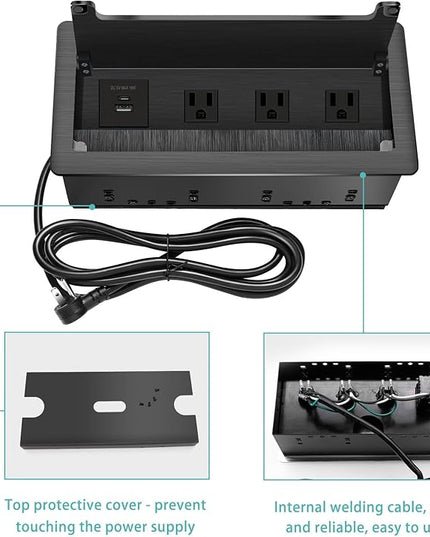 Conference Table Power Hub; Outlet Multimedia Connectivity Box with 3 AC outlets; USB-A+USB-C 18W 8FT 16AWG UL Listed Flat Plug Used for Office Conference Tables-High end Aluminum Alloy