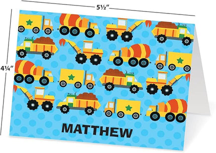 Current Construction Kids Personalized Note Cards - 24 Cards with White Envelopes, 4¼ x 5½ Inch Size, Blank Stationery, Add Names or Text, For Thank You Notes, Invitations, & Announcements