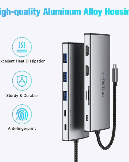 USB C Docking Station Dual Monitor, RSHTECH 11-in-1 USB C Hub Multiport Adapter with 2 HDMI 4K/8K, 3 USB 3.2 Ports 10Gbps(2C+1A), 2 USB 3.0 Ports, 100W PD, Gigabit Ethernet, SD/TF Card Reader