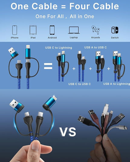 XUDUO 4 in 1 Charging Cable Fast USB C Cable Type C Charger 60W Lightning Cable Adapter USB C to USB C Cable for iPad Charger Fast Multi Charging Cord Fits iPhone 17 16 15/15 Pro/15 Plus/14 Pro Max