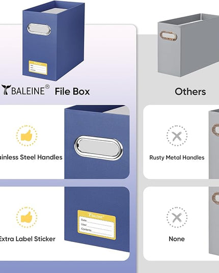 BALEINE File Organizer Box, Cardboard File Folder Organizer with Handle for Letter Size, Portable Collapsible Hanging Filing Box for Home Office Document Storage (4 Pack, Navy)