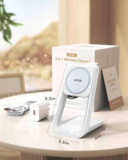 3 in 1 Charging Station for iPhone, Magsafe Wireless Charger with Cooling Fan for iPhone 17 16e 16 15 14 13 12 Series & Apple Watch Charger, Wireless Charging Station for AirPods 4/3/Pro (White)