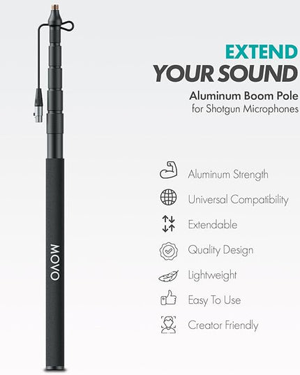 Movo CMP-17C Professional 9.8' Aluminum Boom Pole for Shotgun Microphones with Internal XLR Cable – Compatible with Rode NTG Series, Sennheiser MKE600, Audio-Technica AT875R & More