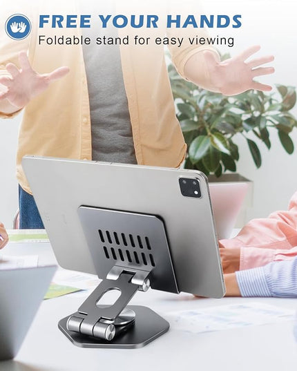 Foldable Aluminum Tablet Stand for Desk, 360° Swivel iPad & Tablet Holder – Portable & Stable Desktop Mount for 5–12.9in Devices, Grey