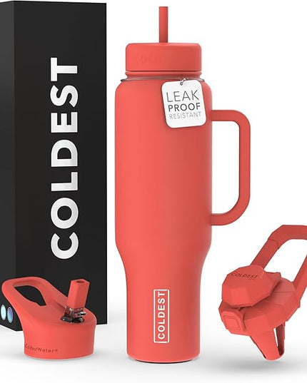Coldest Tumbler with Handle and Straw - 100% Leak Proof Insulated Tumbler with Lid and Straw (3 Lids) - Stainless Steel Tumblers for Women & Men - Cup Holder Friendly Base, 46 oz (Crimson Red)