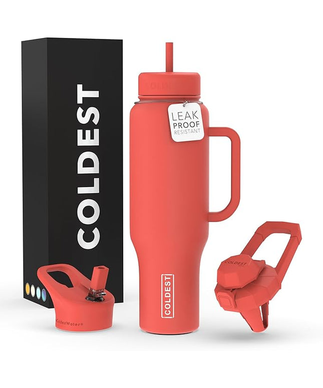 Coldest Tumbler with Handle and Straw - 100% Leak Proof Insulated Tumbler with Lid and Straw (3 Lids) - Stainless Steel Tumblers for Women & Men - Cup Holder Friendly Base, 46 oz (Crimson Red)