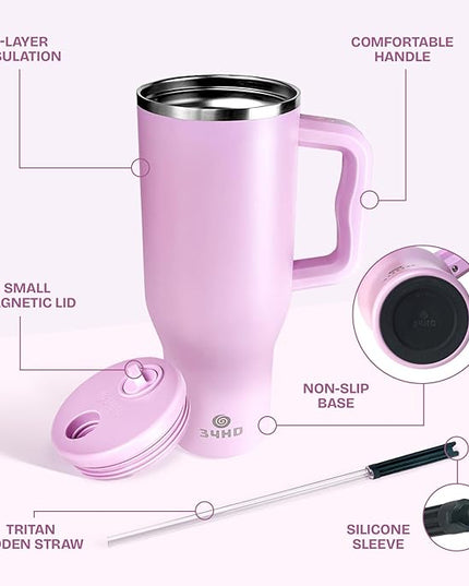 34HD 40 oz Stainless Steel Tumbler - Leakproof Insulated Water Bottle with Handle, Magnetic Lid and Flexible Straw - Iced for 48 Hours – Perfect for Men, Women, Birthday Gift, Pink - Blush Petal