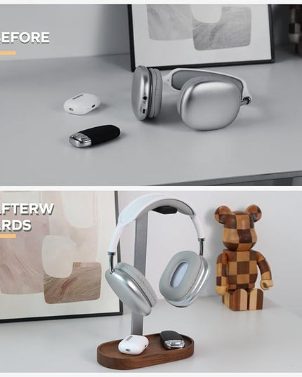 muso wood Headphone Stand & Desktop Headset Holder | Space-Saving Premium Solid Wood Storage Base for Gaming Headsets, AirPods Max, VR Gear – Modern Desktop/Workspace Essential