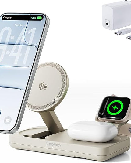 THREEKEY 3 in 1 iPhone 17 Charging Station,MagSafe Charger Compatible, Qi2 25W MFi Certified Wireless Charger Stand for iPhone 17/16/15/14/13/12, Apple Watch, AirPods(45W Adapter Included)