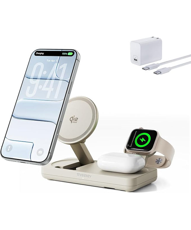 THREEKEY 3 in 1 iPhone 17 Charging Station,MagSafe Charger Compatible, Qi2 25W MFi Certified Wireless Charger Stand for iPhone 17/16/15/14/13/12, Apple Watch, AirPods(45W Adapter Included)