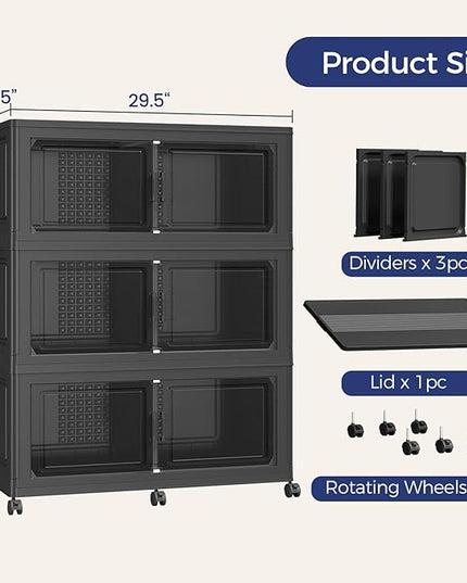 120Gal Stackable Storage Bins with Lid, 480Qt Extra Large Collapsible Storage Box with Wheels, Dividers, Folding Plastic Cabinet Closet Organizers for Home Kitchen Office Dorm, 3Pack Black