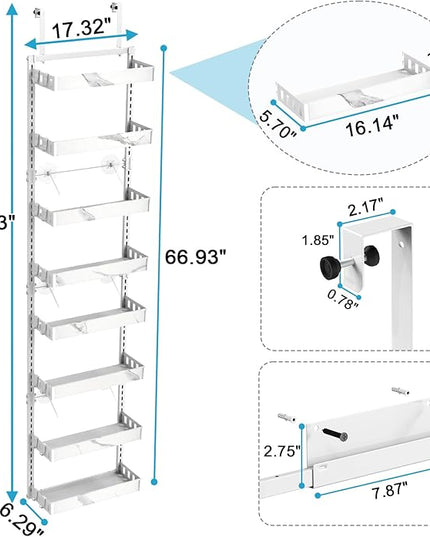 bukfen Over the Door Pantry Organizer,8-Tier Adjustable Basket Kitchen Pantry Door Organization and Storage, Heavy-Duty Metal Hanging Kitchen Spice Rack,D6.3 x W17.32 x H66.93 inch,White Marble Color