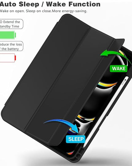 ZryXal iPad Pro 11 Inch Case (M5) 2025/ (M4) 2024 (Model: A3357,A3358,A3359,A2836/A2837/A3006), Trifold Stand Smart Cover with Pencil Holder and Soft TPU Back, Auto Wake/Sleep (Black)