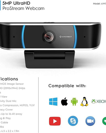 Amcrest 5-Megapixel Webcam with Microphone, Web Cam USB Camera, Computer HD Streaming Webcam for PC Desktop & Laptop w/Mic, Wide Angle Lens & Large Sensor for Superior Low Light (AWC5100)