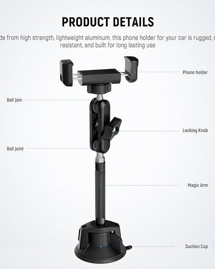 NEEWER Phone Holder for Your Car, 360° Rotating Vacuum Suction Cup Metal Cell Phone Mount Extended Magic Arm Compatible with iPhone Samsung for Windshield Skylight Navigation Video Recording, PA137