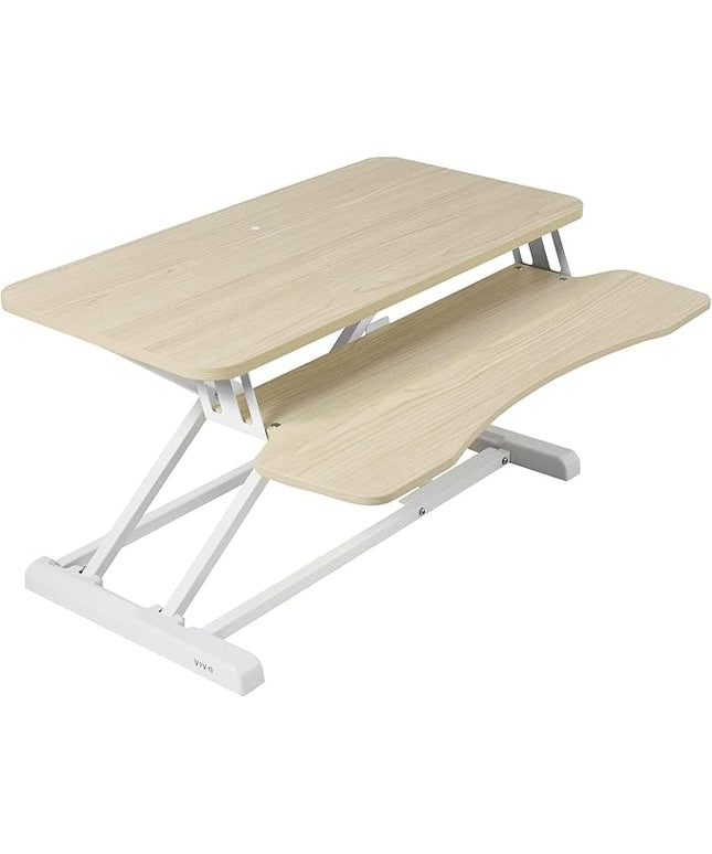 VIVO 32 inch Desk Converter, K Series, Height Adjustable Sit to Stand Riser, Dual Monitor and Laptop Workstation with Wide Keyboard Tray, Light Wood Top, White Frame, DESK-V000KF
