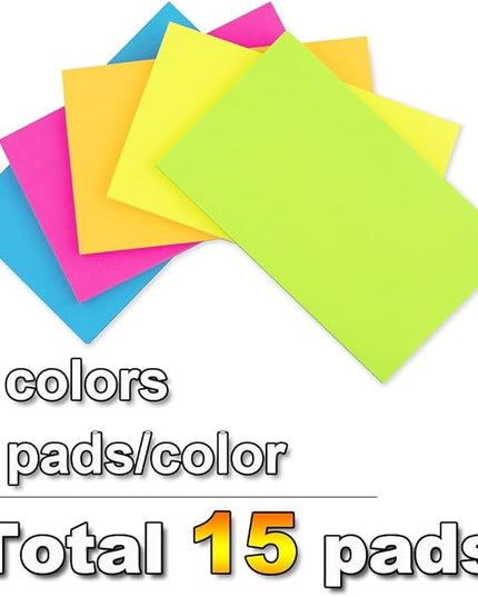 (15 Pads) Sticky Notes 3x5 in,Bright Notepads,Colorful Stickies,Super Sticking Power Memo Note Pads,Strong Adhesive,Post on Windows Doors,Office School,Recyclable,Easy to Write on,Hold Well