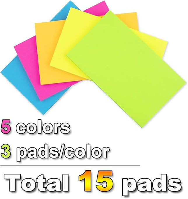 (15 Pads) Sticky Notes 3x5 in,Bright Notepads,Colorful Stickies,Super Sticking Power Memo Note Pads,Strong Adhesive,Post on Windows Doors,Office School,Recyclable,Easy to Write on,Hold Well
