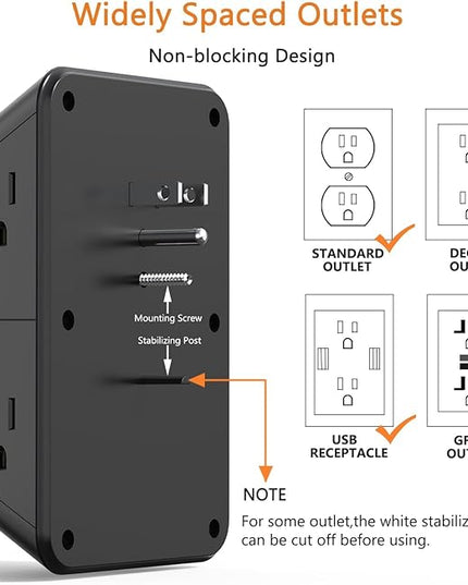 Surge Protector Outlet Extender, 6 Outlet Extender with 4 USB Charging Ports (2 USB C), 3 Sided Multi Plug Wall Adapter for Home, Office, Travel-2 Pack,Black