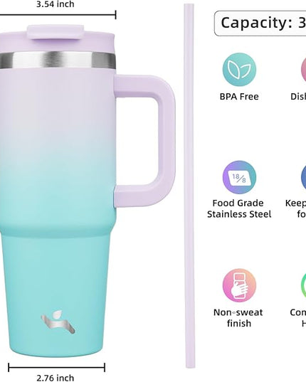30 oz Tumbler with Handle and 2 Straws,2 in 1 Lid Insulated Water Bottle Stainless Steel Travel Coffee Mug,Lavender Green