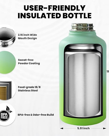 One Gallon Water Bottle Insulated, Triple Walled Vacuum Stainless Steel (Cold for 48 Hrs), Leak Proof & Non-BPA, Large Water Flask Jug with Paracord Handle & Straw Spout Lids