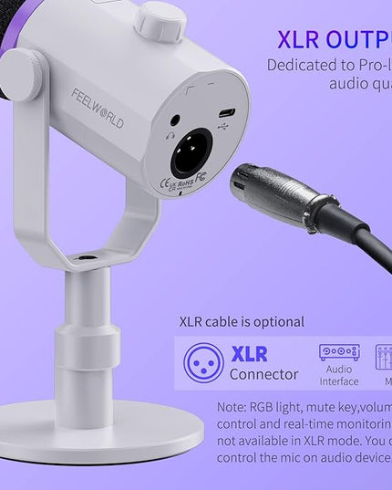 FEELWORLD PM1 XLR USB Dynamic Microphone with Desktop Stand Gifts for Podcast Recording PC Computer Gaming Streaming Vocal Voice-Over, Studio Metal Mic, RGB Light, Mute Button, Headphones Jack (White)