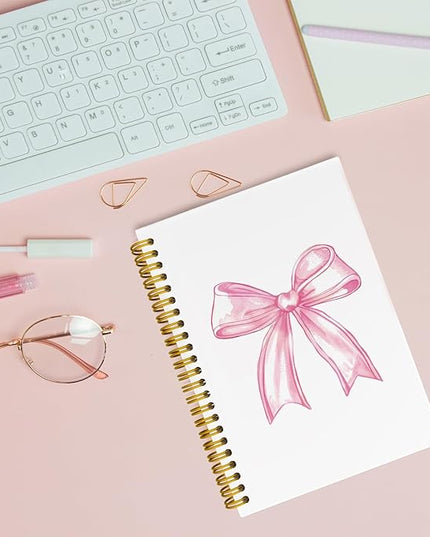 JKBMN Trendy Coquette Pink Bow Jonrnaling Notebooks, Preppy Aesthetic Spiral Notebook for Girl, Cute Pink Notebook Journal, Pink Office Supplies, Hardcover Spiral Notebooks College Ruled 5.5 x 8.3