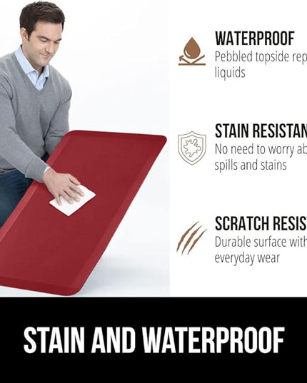 GORILLA GRIP Comfortable Cushioned Kitchen Mats for Floor, Waterproof and Stain Resistant Soft Top, 3/4 Inch Thick Ergonomic Standing Desk Anti Fatigue Mat, Foam Supports Ankles and Feet, 20x32, Red