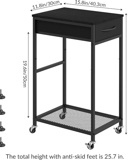 CADUKE 2 Tier PC Stand - Black Computer Tower Stand with Fabric Drawer, Modern Printer Stand with Wheels, Under Desk for Office & Study Room