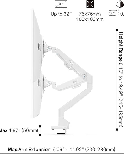 Pixio PS1S Wave White Single Monitor Arm Stand Desk Mount - Fits up to 32 inches Monitors and up to 19.8lbs. VESA Compatibility and Integrated Cable Management