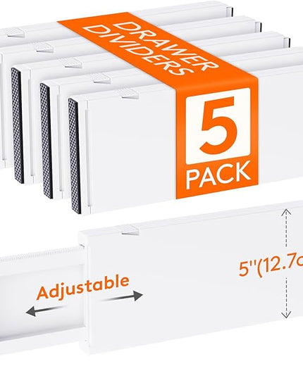 Lifewit 5 Pack 5" High Drawer Divider, 13.5-22" Expandable Deep Drawer Dividers for Clothes, Adjustable Dresser Drawer Organizers, Clothing Drawer Separators for Dresser, Kitchen, Bedroom, White
