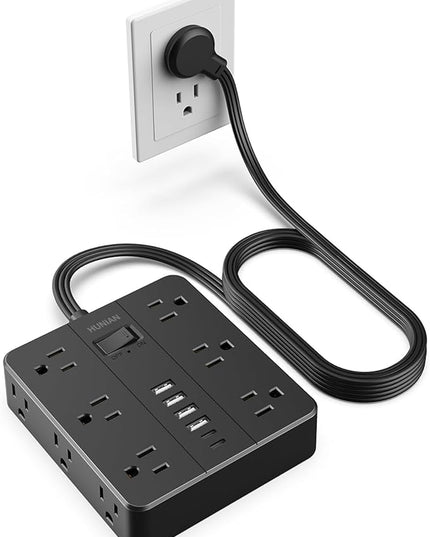 Flat Plug Surge Protector Power Strip, HUNIAN 12 Widely Spaced Outlets with 6 USB Charger (2 USB C Ports), 10 Ft Extension Cord Desk Charging Station for Home Office Supplies, Dorm Room, Black