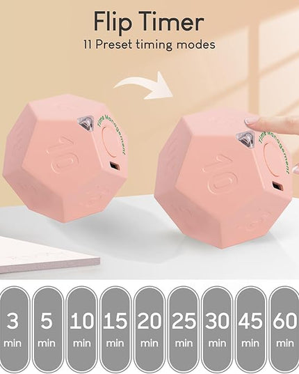 Mini 12 Sided Cube Timer, 11 Preset Times Pomodoro Timer for Enhanced Productivity. Ideal for ADHD Management, Workout, Study & Kitchen Cooking. Easy to Use (Pink)