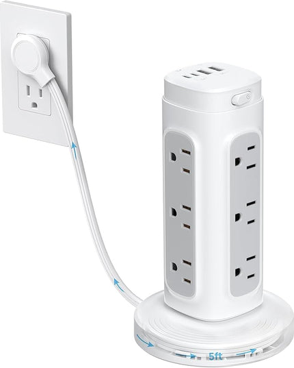 TROND Retractable Power Strip Tower - Surge Protector with USB C Ports PD 20W, 5ft Flat Plug Extension Cord with 12 Outlets, 4 USB, 1700J Protection, Home Office Desk Supplies, Dorm Room Essentials