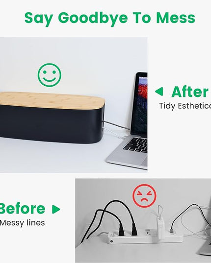 Large Cable Management Box - Cord Organize Box with Bamboo lid for Safe Home & Office, Cord Hider for Power Strip Under Desk, Cover TV Wires, Child & Pet Proof Cord Box, Black