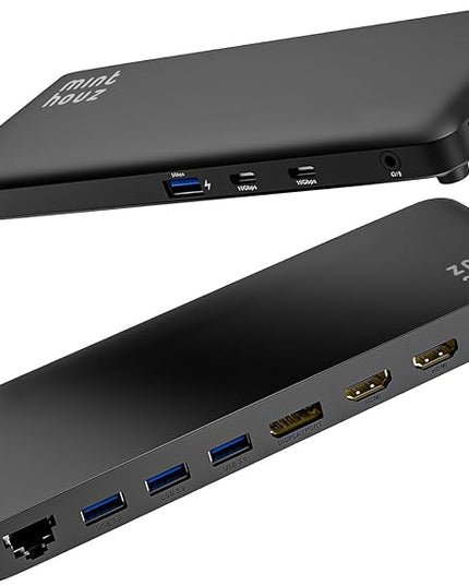 Minthouz 12 IN 1 Docking Station with 100W Charging, Triple Display, 1000Mbps LAN Port, Laptop Docking Station Monitor Single 8K or Triple 4K, 4X USB-A, 2X USB-C, Ethernet Port, for Windows Mac Chrome