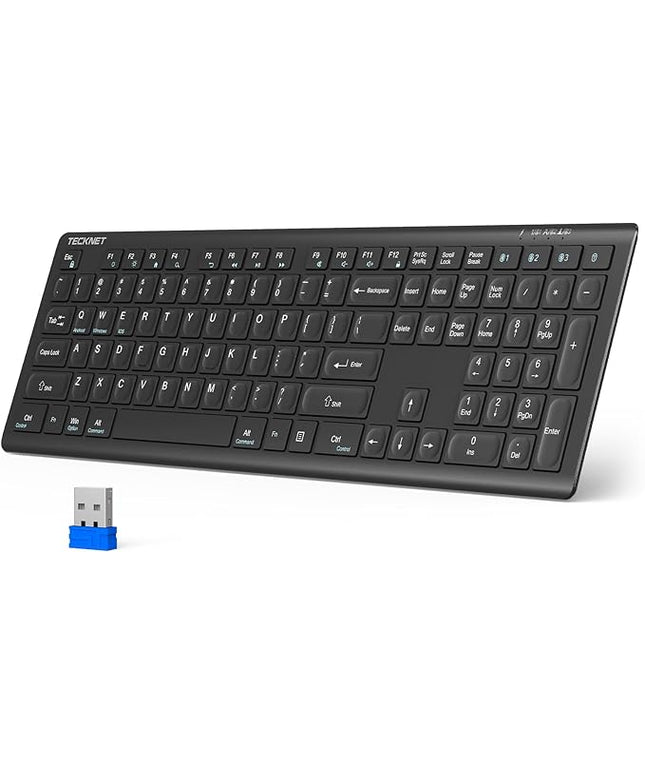 TECKNET Bluetooth Keyboard Rechargeable, 4-Device (2.4G+BT) Wireless Keyboard, Full Size Computer Keyboard with Stand, Ultra-Slim Quiet Typing, for PC/Laptop/Smart TV/Phone/Tablet, 12 Hotkeys