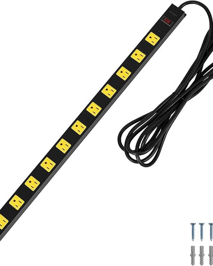 SURAIELEC 12 Outlet Long Metal Power Strip, 15 FT Cord Surge Protector, Angled Flat Plug, Wide Spaced Outlet Power Bar, 15A Breaker, Wall Mountable, Industrial Heavy Duty for Work Bench, Shop, Garage