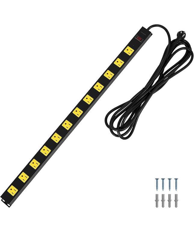SURAIELEC 12 Outlet Long Metal Power Strip, 15 FT Cord Surge Protector, Angled Flat Plug, Wide Spaced Outlet Power Bar, 15A Breaker, Wall Mountable, Industrial Heavy Duty for Work Bench, Shop, Garage