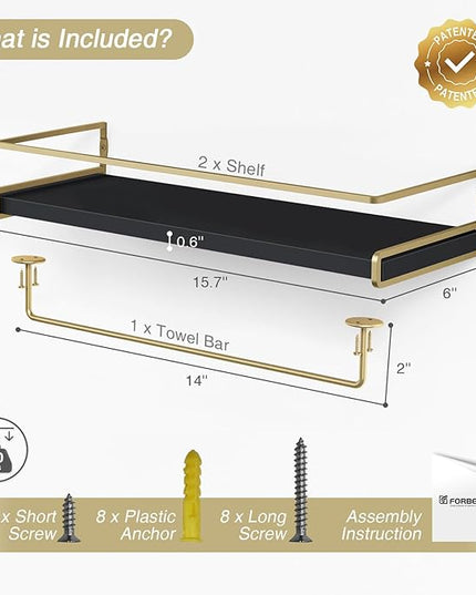 Forbena Black and Gold Bathroom Floating Shelves for Wall, Decorative Wall Mounted Shelves for Kitchen Coffee Bar Station Organizers and Storage, Hanging Shelving Unit for Bedroom Living Room (2-Pack)