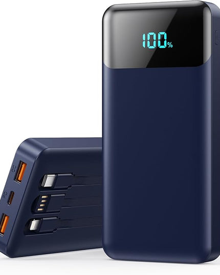 Portable Charger 40800mAh Power Bank with 3 Built-in Cable,PD 25W USB C in&Out Power Bank Fast Phone Charging,QC4.0 5 Output Travel Camping Essential Battery Pack for iPhone 17/16,Samsung Android-Navy