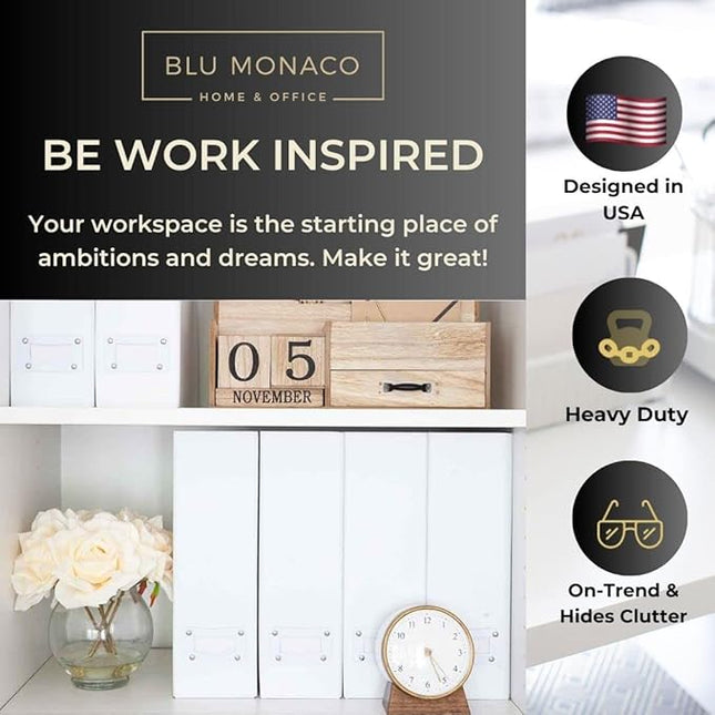 BLU MONACO Set of 6 Foldable White Magazine File Holders | Vertical Desk File Organizer Boxes With Leather Label Holders | Stylish Cardboard Magazine Storage for Shelves, Workspace and Home Office